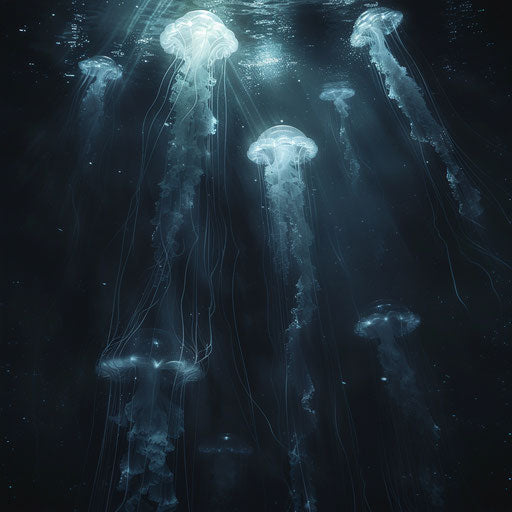 Dark ocean abyss illuminated by deep-sea jellyfish