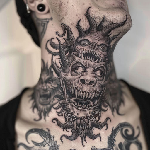Neck tattoo with eerie demon faces