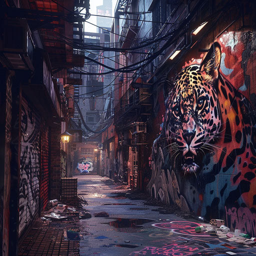 Cyberpunk alleyway with leopard graffiti art on walls