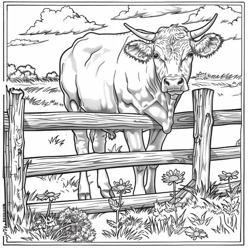 Cow next to a rustic wooden fence. Coloring page
