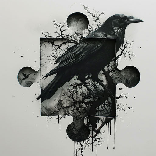 Gothic puzzle piece tattoo with ravens and thorns