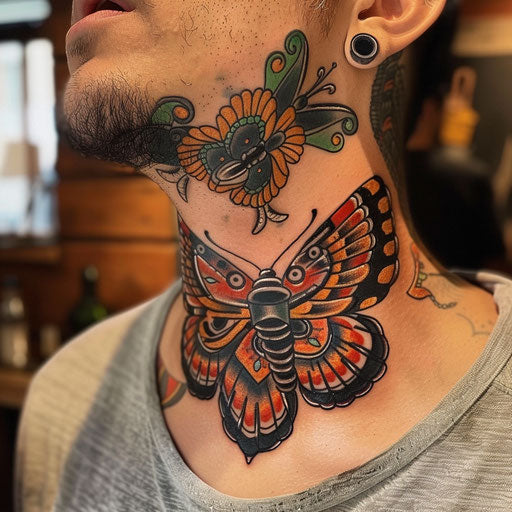 Butterfly neck tattoo with sailor motifs