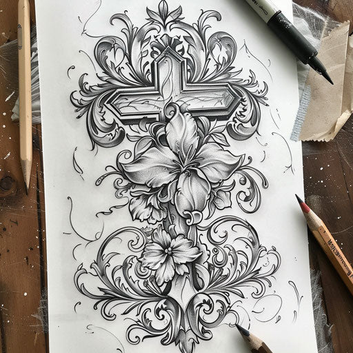 Neo-traditional flat tattoo sketch of the Cruz with ornate floral and vine decorations