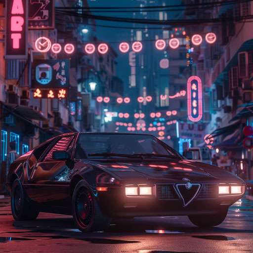 Electric Alfa Romeo Alfasud gliding through neon city at night