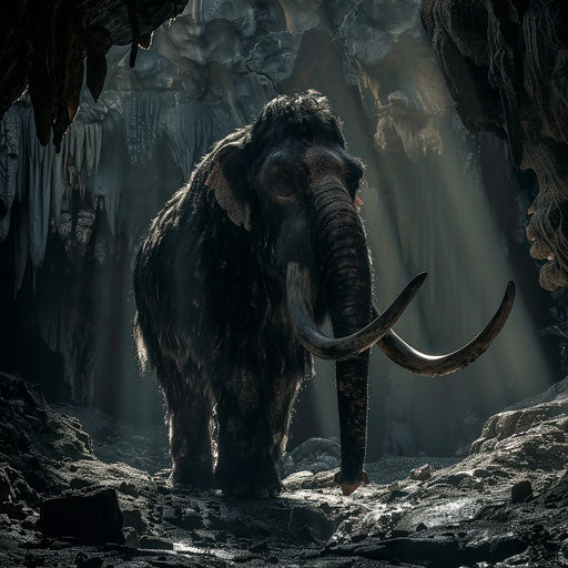 Woolly mammoth in a shadowy cave, dramatic and intense, in the style of Simen Johan