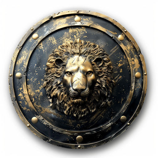 Spartan shield with lion head in gold on white background