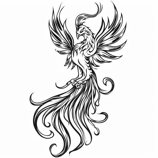 Bold black line art of a phoenix in a flat tattoo sketch for pride celebration