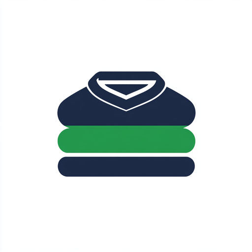 Minimalist clothing logo with folded shirt icon and modern typography, green and navy, on white