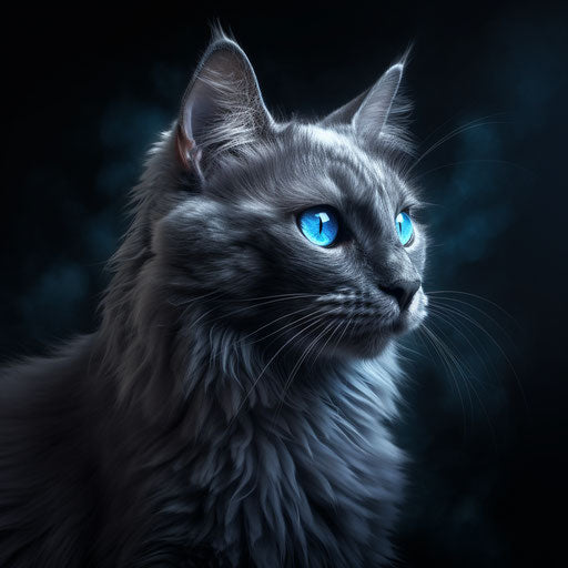 A cat on black background, light sky-blue and dark silver style