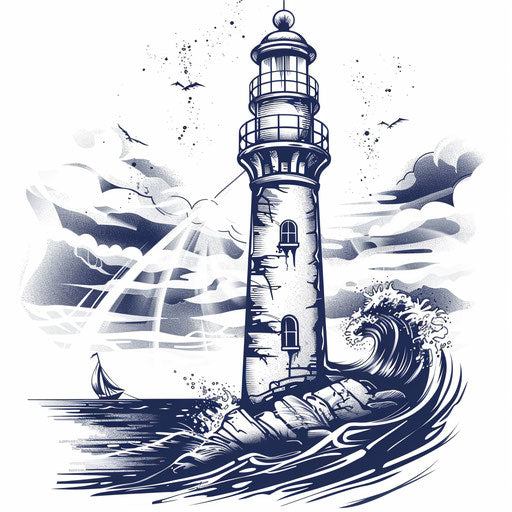 Nautical tattoo sketch of a lighthouse guiding ships with a beam of light, navy and white clipart style