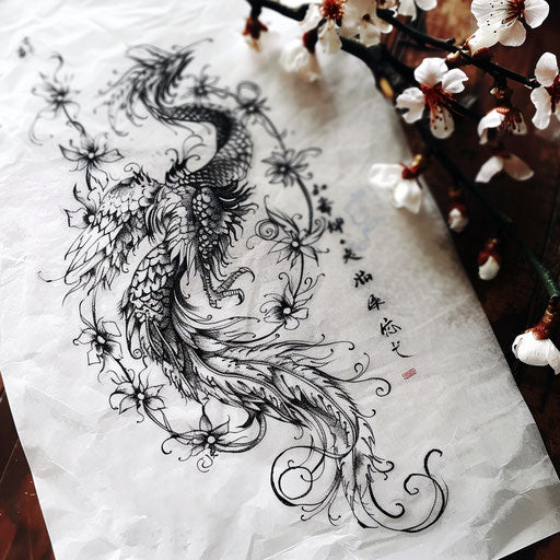 Blackwork tattoo featuring a majestic phoenix, illustrated on white paper