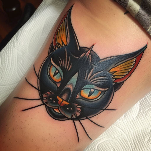 Neo-traditional black cat tattoo on plain background