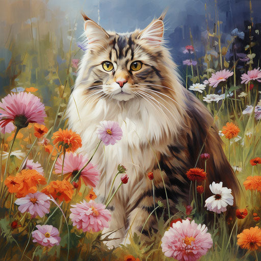 A Siberian cat in a meadow of flowers