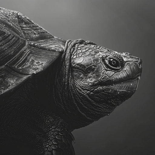 Snapping turtle in black and white with textured shell