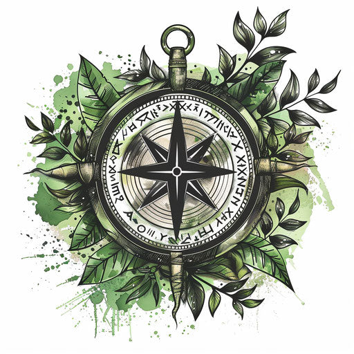 Botanical tattoo sketch of a Viking compass