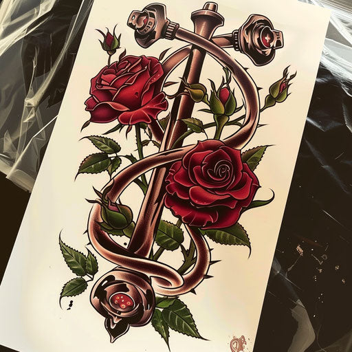 Neo-traditional tattoo design of an army medic symbol intertwined with roses, on a white paper background.