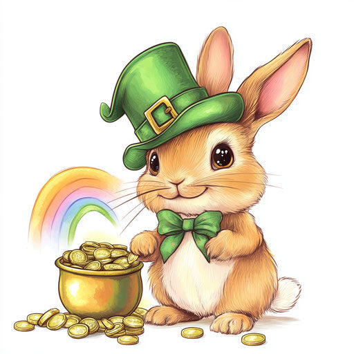 St. Patrick's Day, Cute Baby Rabbit in a green hat with a pot of gold coins and a rainbow, clipart on white background