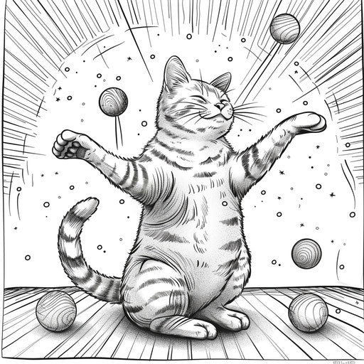 Cartoon cat juggling balls in a circus