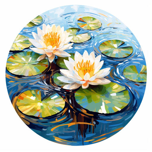 Lily pad artwork in the style of Impressionistic Art, on white background