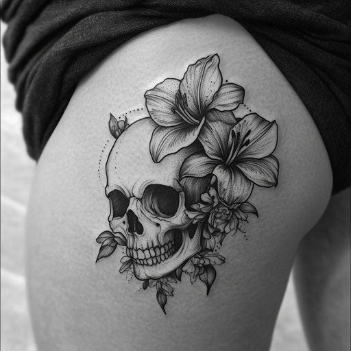 Floral tattoos for women with skull surrounded by lilies