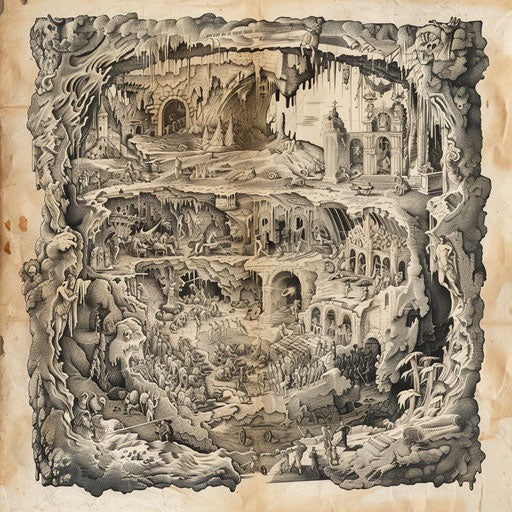 Vintage flat tattoo sketch of a Dante-inspired hell with ancient poetic scenes