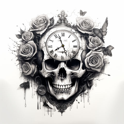 Black and white tattoo of a skull, roses and a clock
