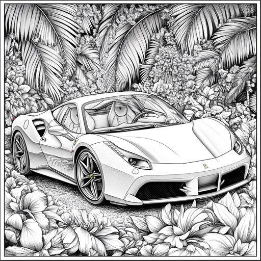 Ferrari with natural elements, in the style of Edward Julius Detmold, realistic and intricate coloring book page