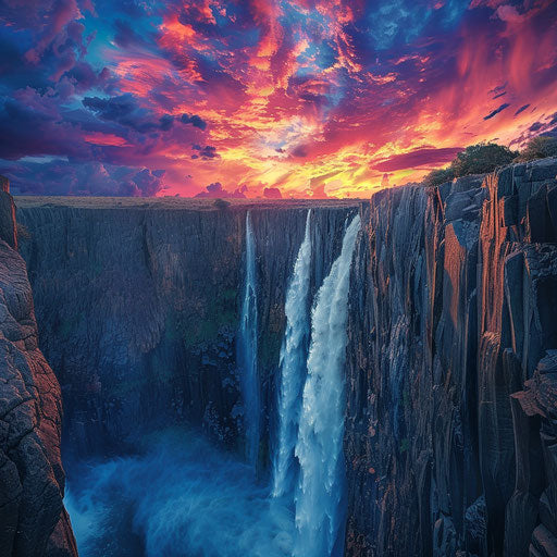 Victoria Falls under a vibrant sky with rugged cliffs