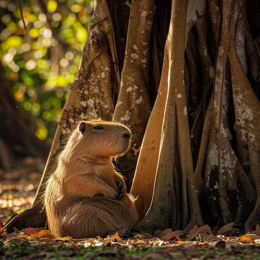 A capybara resting in the shade of a large tree