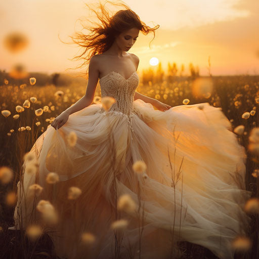Wedding dress and dandelions in field at sunset