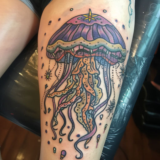 Fantastical jellyfish tattoo on white background