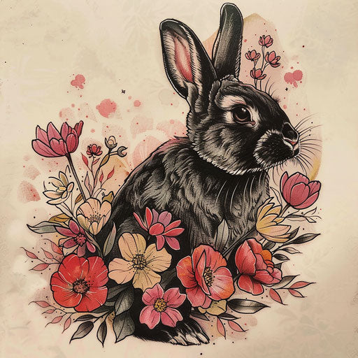 Dynamic flat tattoo sketch of a black rabbit surrounded by spring flowers
