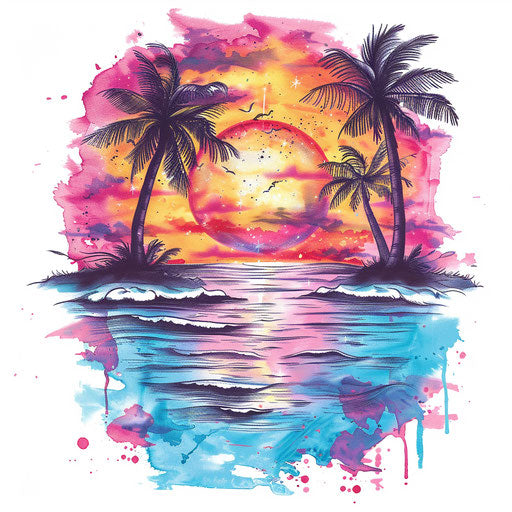 Vibrant watercolor beach scene with sunset, palm trees, waves
