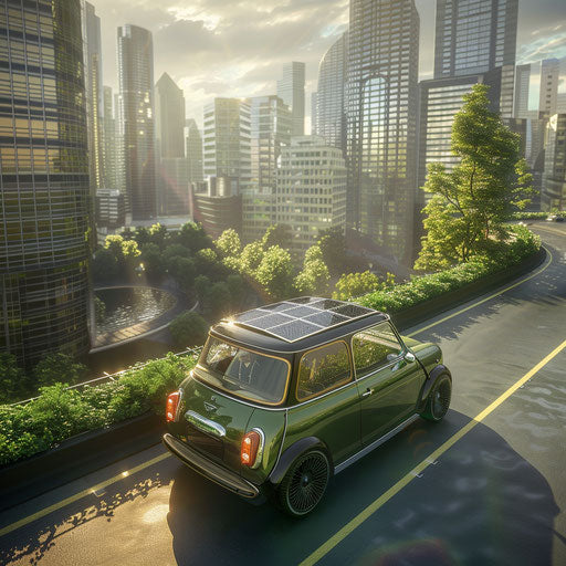 Electric Mini Cooper with solar panels, in a green city