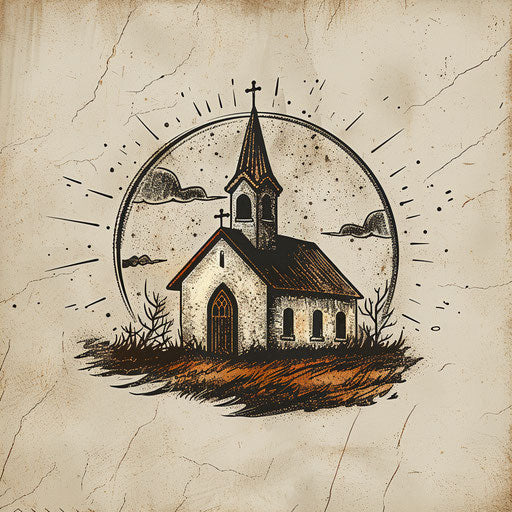 Hand-drawn church logo with rustic background and artistic elements