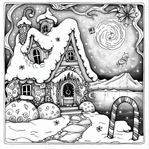 Candy cane house in snowy landscape