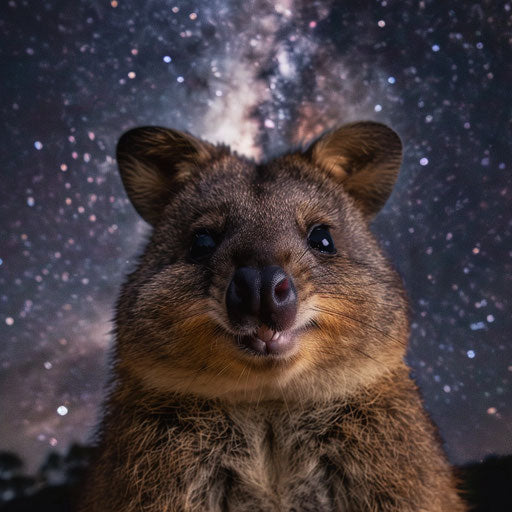Smiling quokka face with Milky Way backdrop