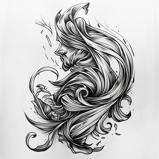 Dynamic flat tattoo sketch of a swirling barber's cape with flying hair clippings