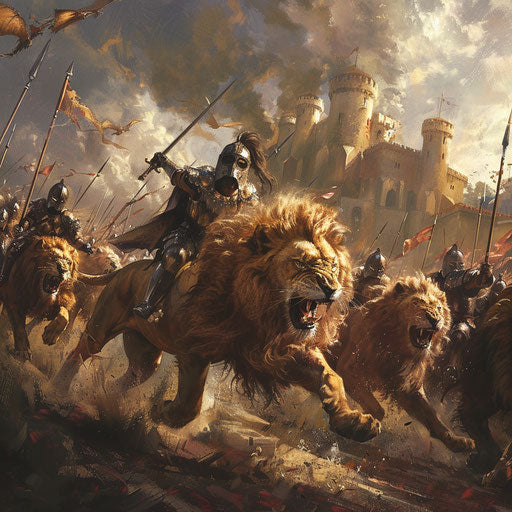 Medieval battle with lions as noble steeds