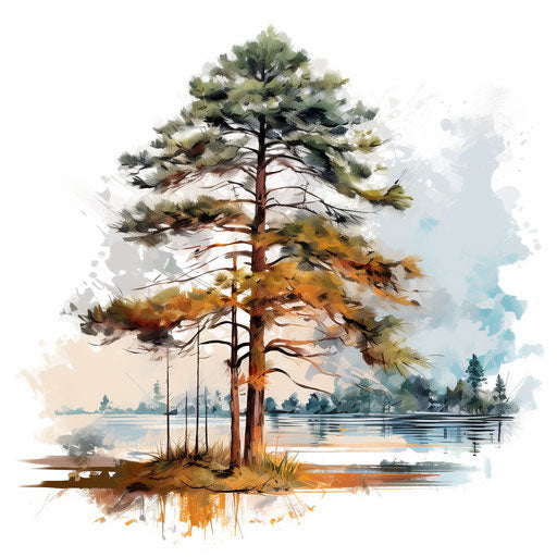 Pine tree clipart in the style of Impressionistic Art, on white background