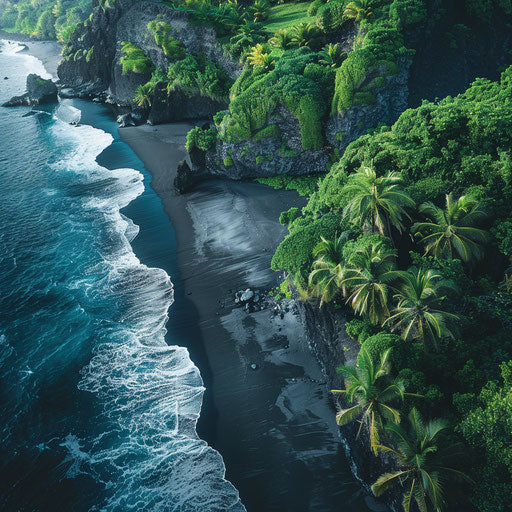 Aerial view of dramatic black sand beach with lush greenery