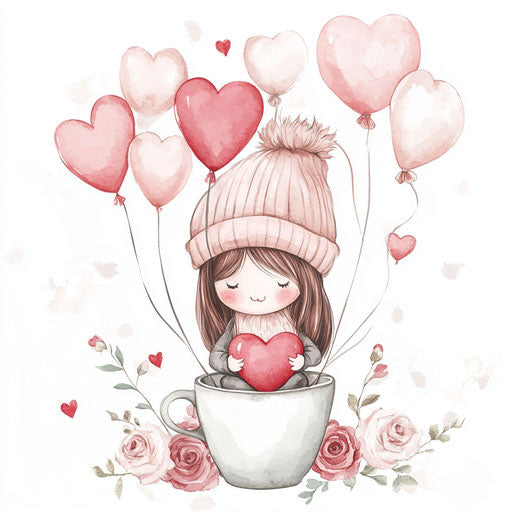 Cute girl in coffee cup with heart-shaped balloons in pink and red