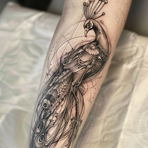 Biomechanical peacock tattoo, fusion of organic and mechanical elements on display
