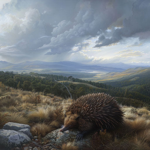 Echidna in front of a vast awe-inspiring landscape, Marsel van Oosten style