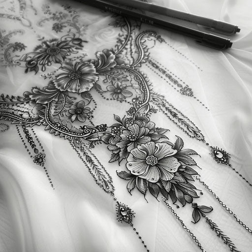 Vintage lace tattoo sketch with lace curtains and antique lace tablecloths as inspiration