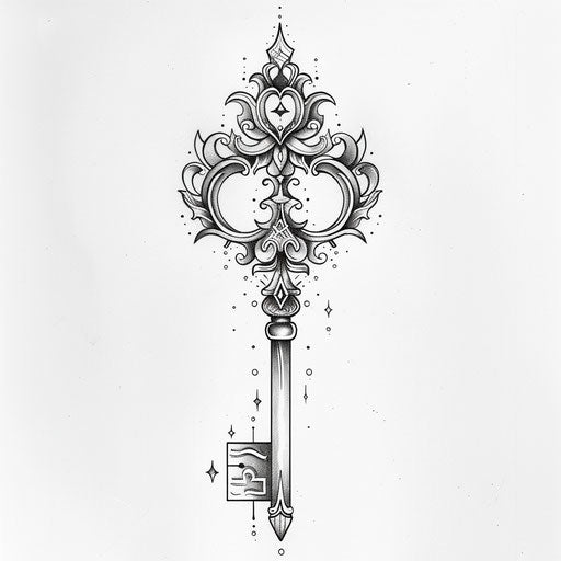 Stylish tattoo sketch of an ornate key with magical engravings