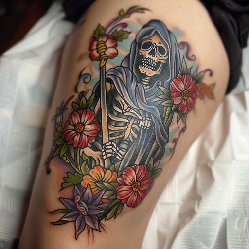 Neo-traditional grim reaper tattoo with colorful flowers