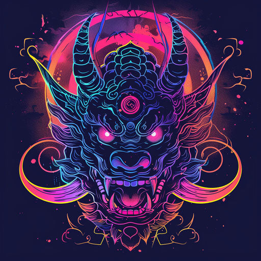 Modern Japanese demon with digital neon effects