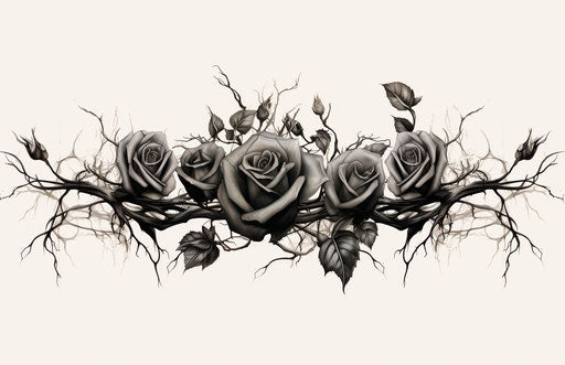 Detailed tattoo of black roses with thorns in glitchy style, symmetrical arrangement, 3840x2160