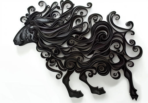 Black sheep with curling hair on white background